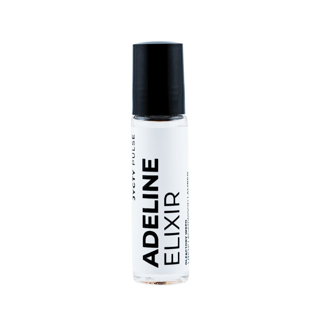 White bottle labeled 'Adeline Elixir' with a black cap on a white background