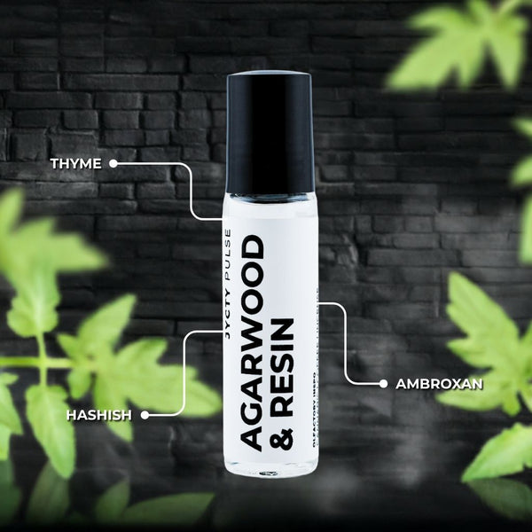 Bottle labeled 'Agarwood & Resin' with plant elements on a dark background