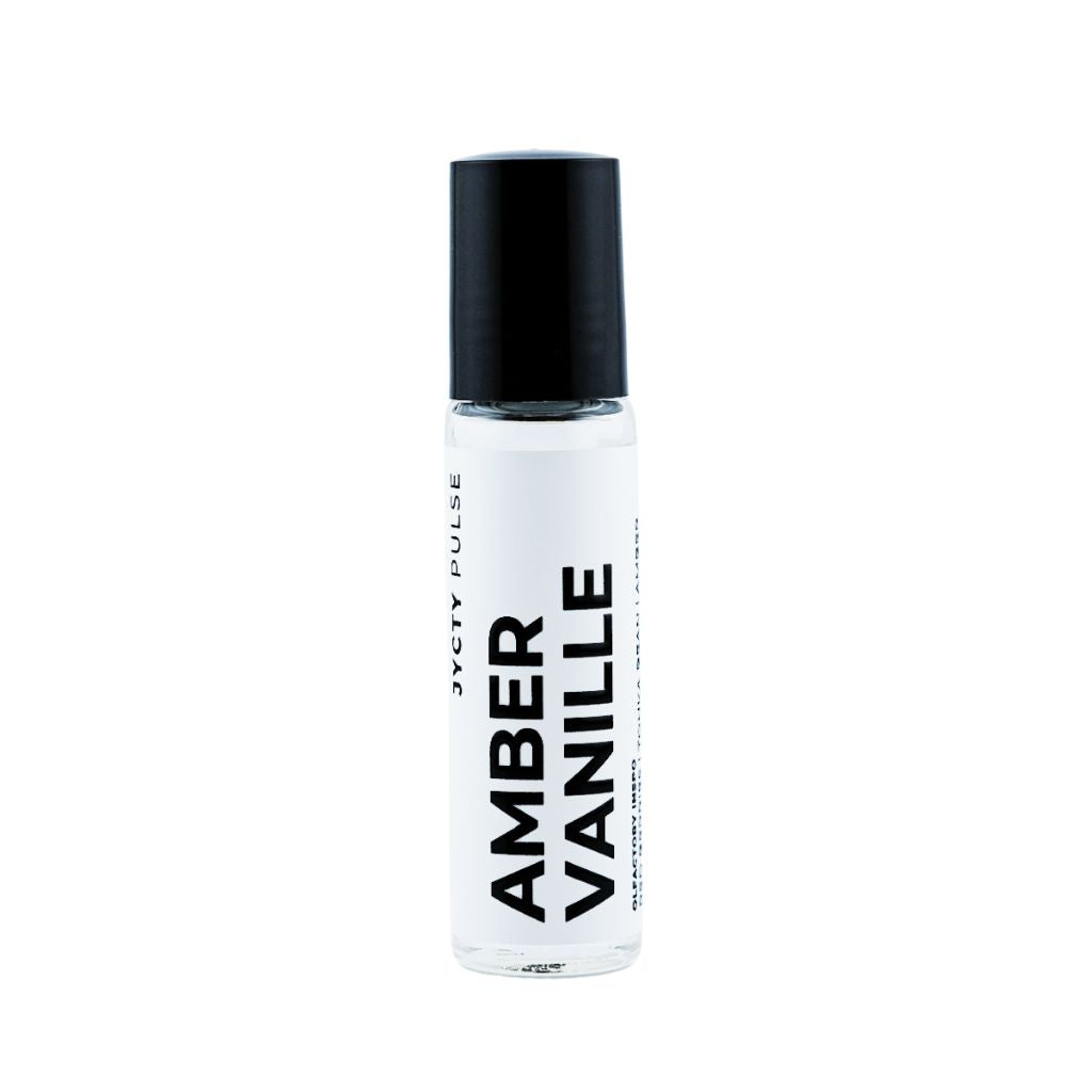 Perfume bottle labeled 'Amber Vanille' on a white background