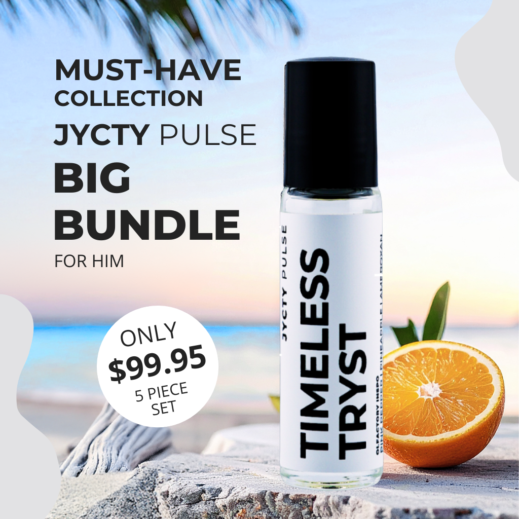JYCTY Pulse Timeless Tryst product with promotional text and an orange on a beach background