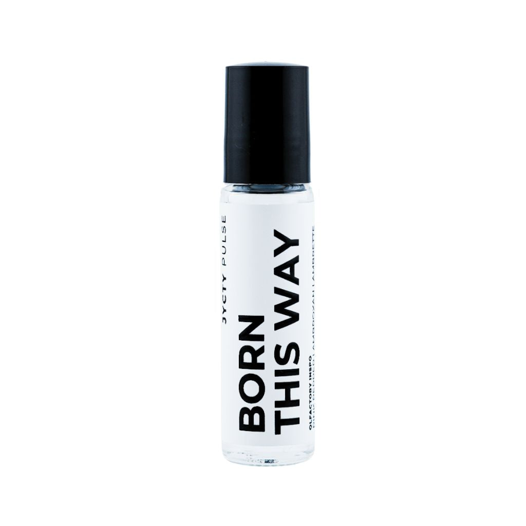 Roll-on bottle with 'Born This Way' text on a white background