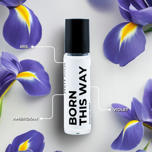Roll-on bottle labeled 'Born This Way' vegan & cruelty-free perfume oil
