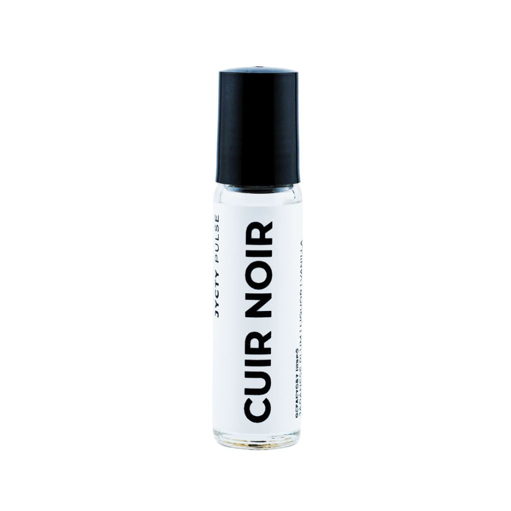 Roll-on bottle labeled 'Cuir Noir' on a white background
