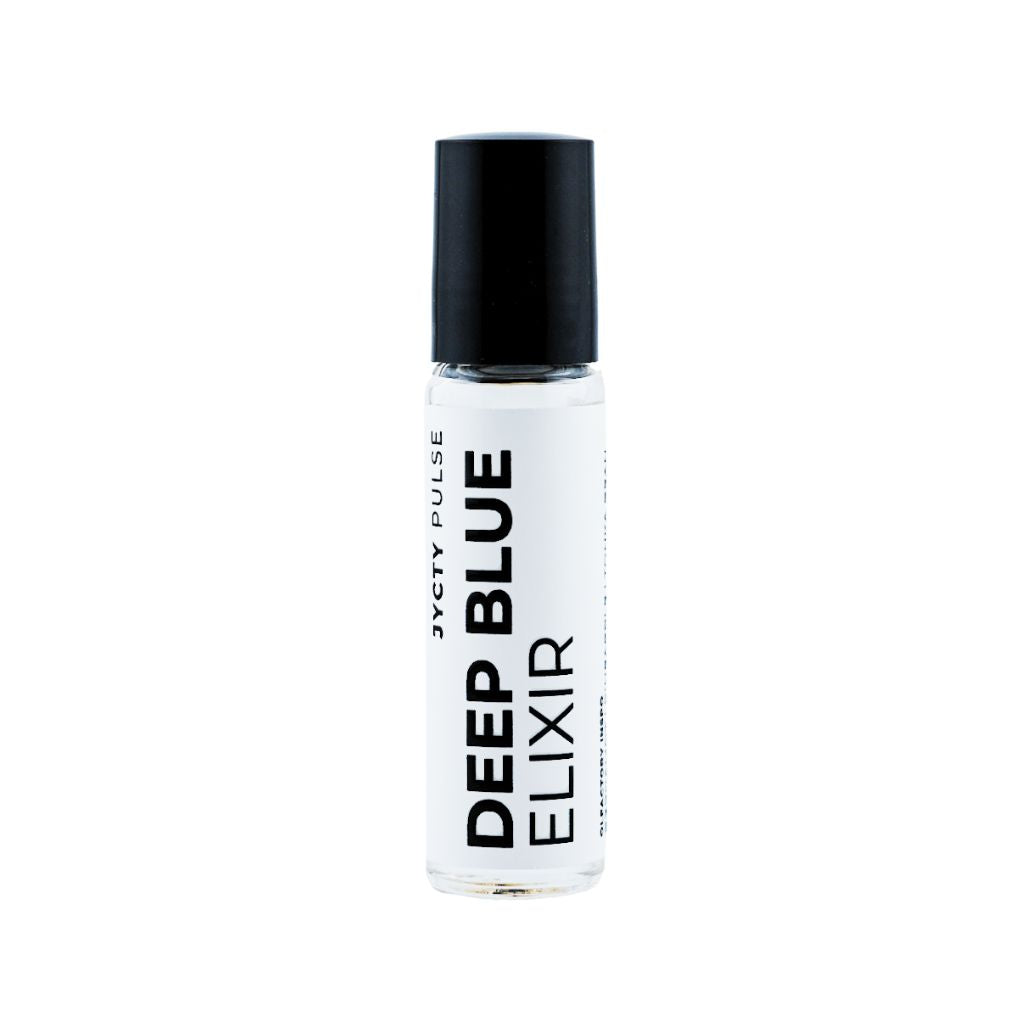 Roll-on bottle labeled 'Deep Blue Elixir' on a white background
