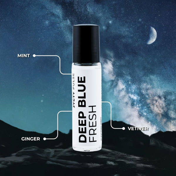 Roll-on bottle labeled 'Deep Blue Fresh' with a space-themed background