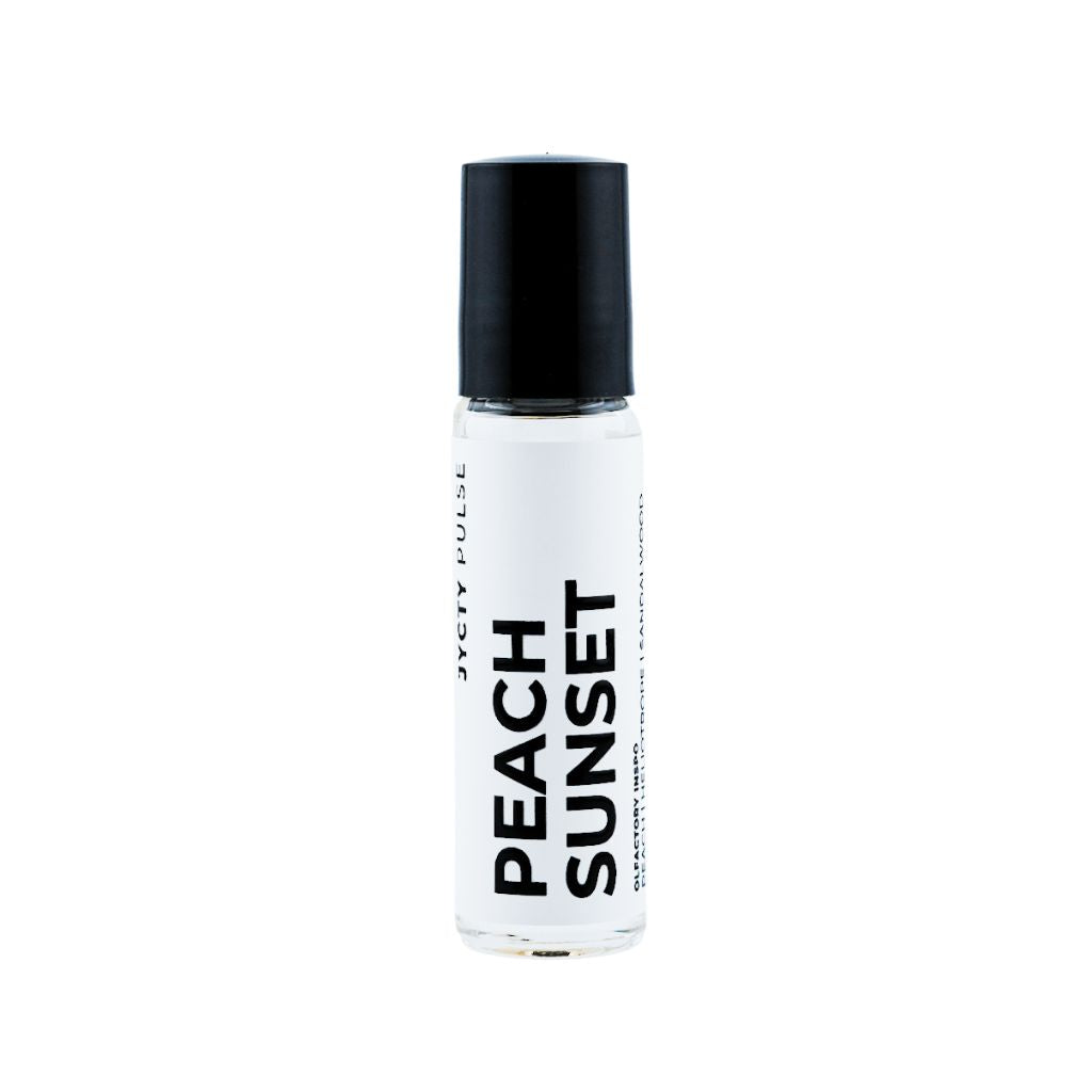 Roll-on bottle labeled 'Peach Sunset' on a white background