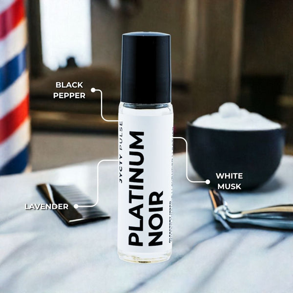 Platinum Noir cologne bottle with labeled ingredients on a table with grooming items.