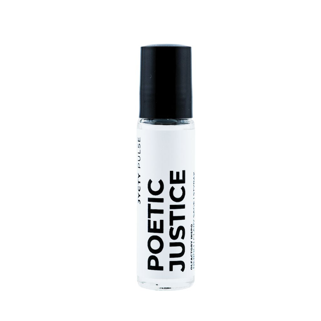 Roll-on bottle labeled 'Poetic Justice' on a white background
